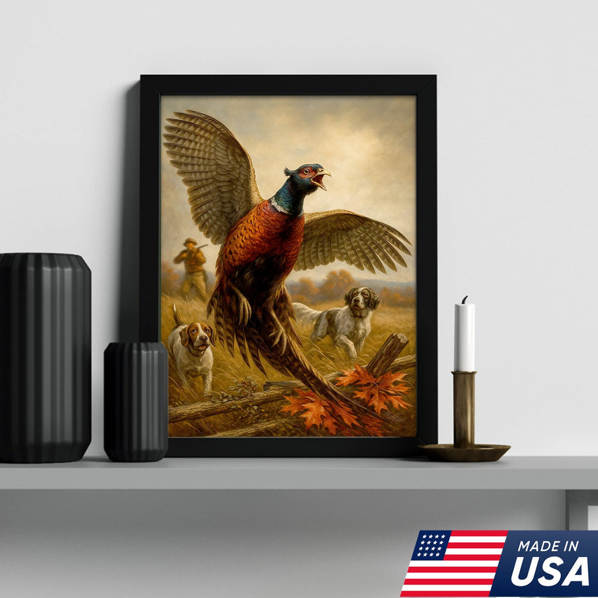 Pheasant Hunting Canvas – Flushing Bird with Pointing Dogs, Cabin & Man Cave Wall Art