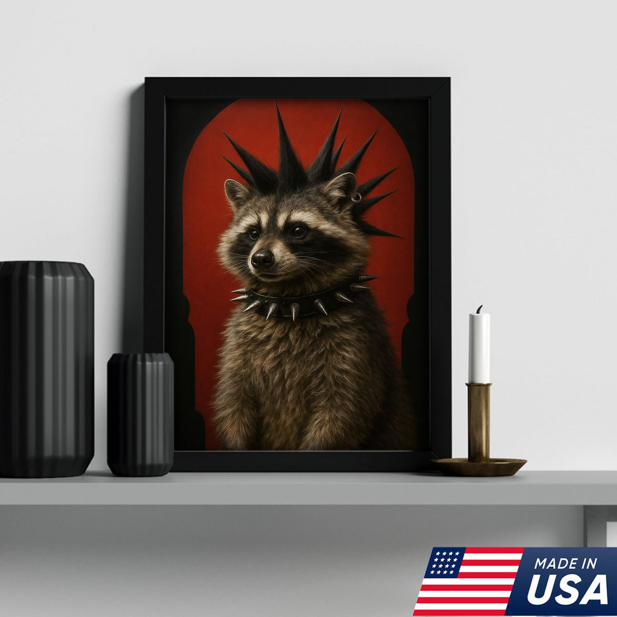 Punk Raccoon Canvas Wall Art, Spiked Mohawk Animal Portrait, Gothic Aesthetic Room Decor