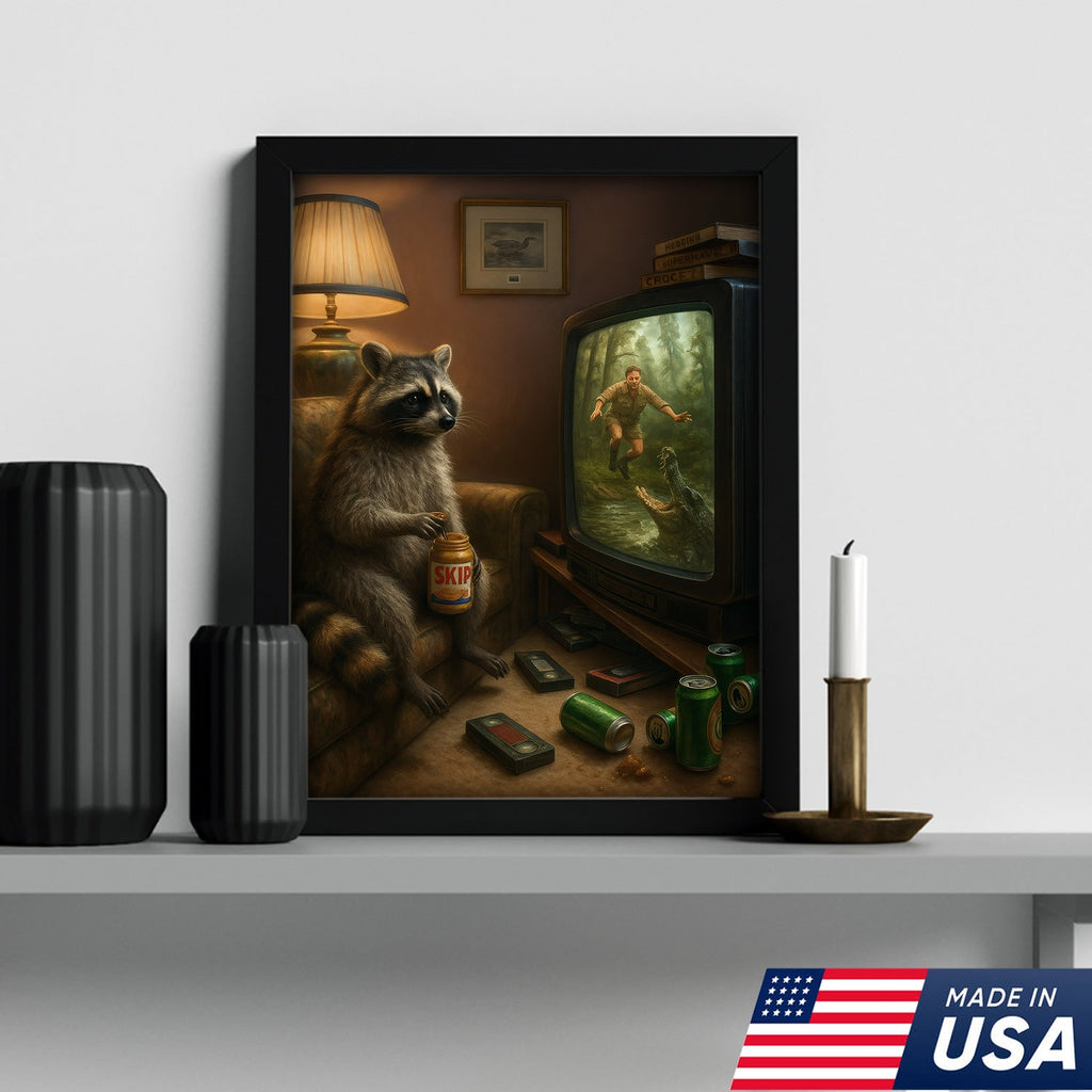 Funny Raccoon Watching TV Wall Art – Lazy Animal Painting, Wildlife Humor Canvas