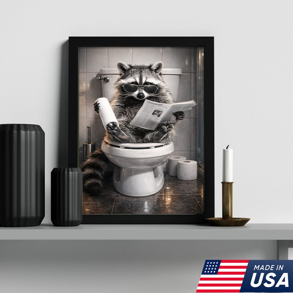 Raccoon Bathroom Humor Canvas – Funny Toilet Reading Wall Art for Restroom Decor