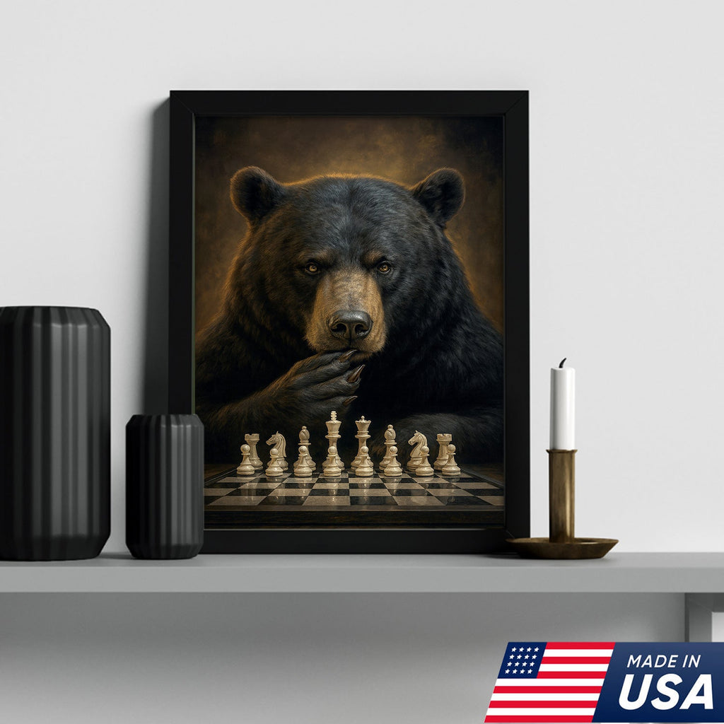 Chess Master Bear Wall Art Canvas – Strategic Bear Canvas Print for Man Cave & Smart Decor