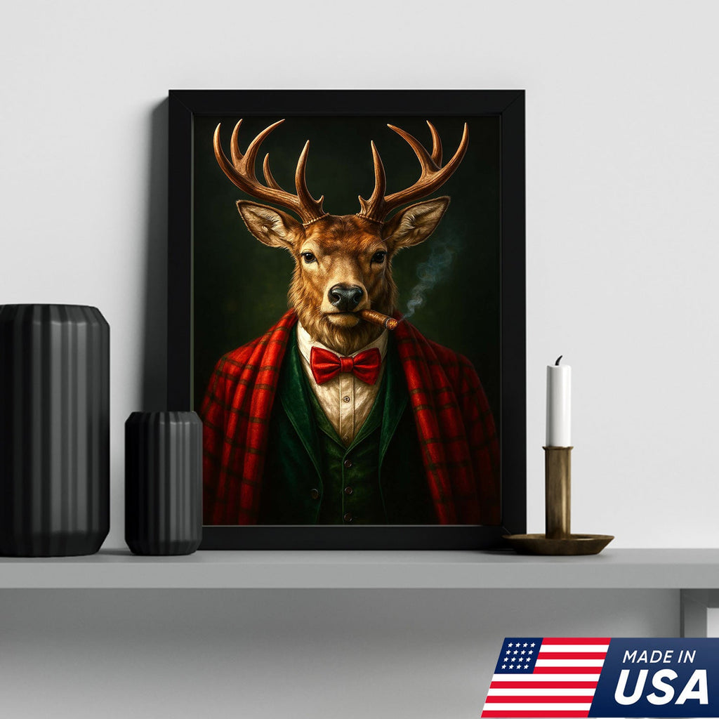 Smoking Deer Wall Art, Gentleman Buck Portrait, Rustic Cabin Decor, Funny Cigar Deer Print