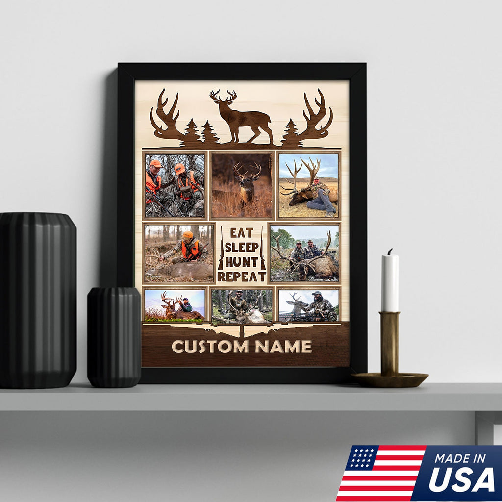 Personalized Hunting Photo Collage Canvas, Deer Antler Wall Art, Custom Hunter Gift