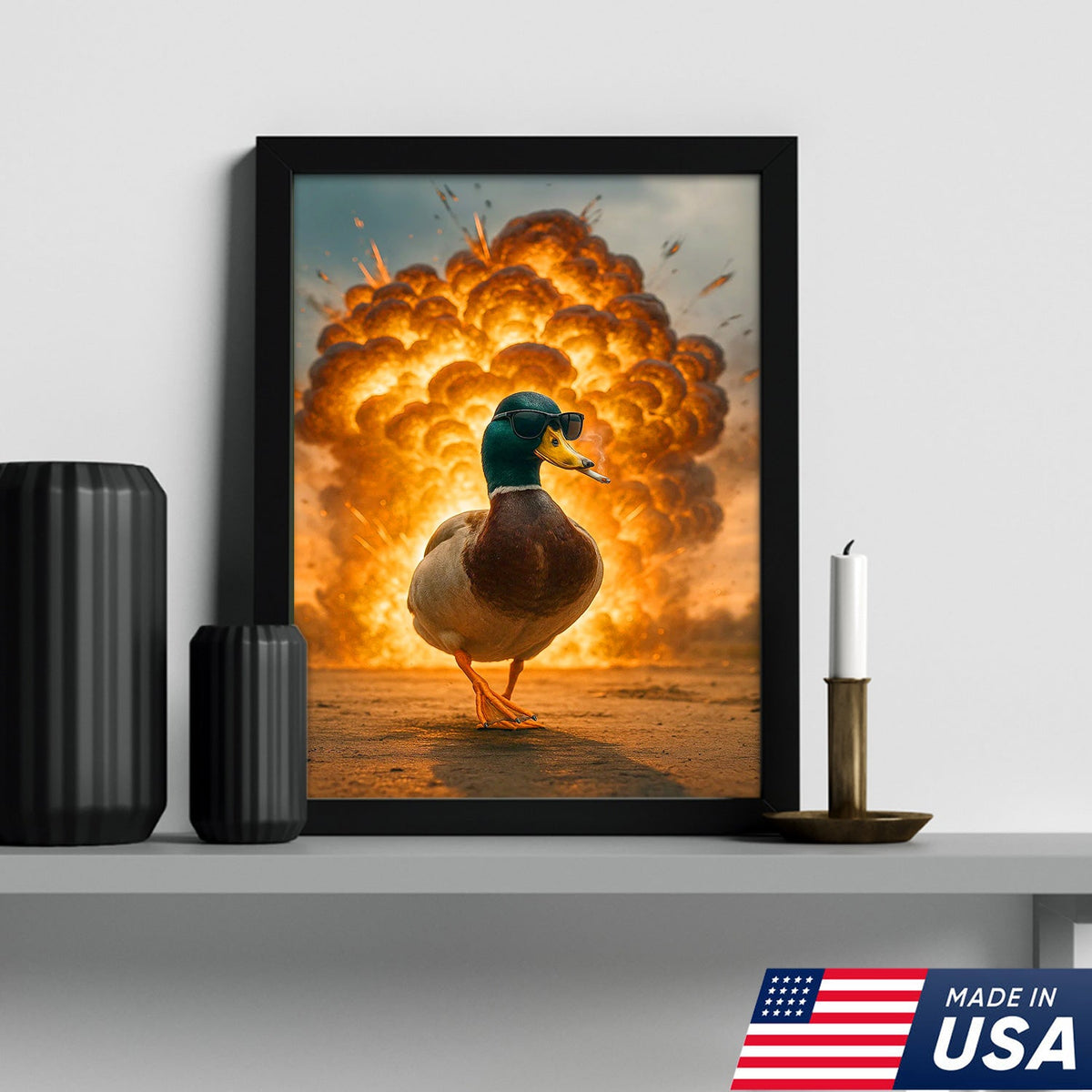 Cool Duck Walking from Explosion Canvas Wall Art, Funny Action Movie Style Decor for Man Cave