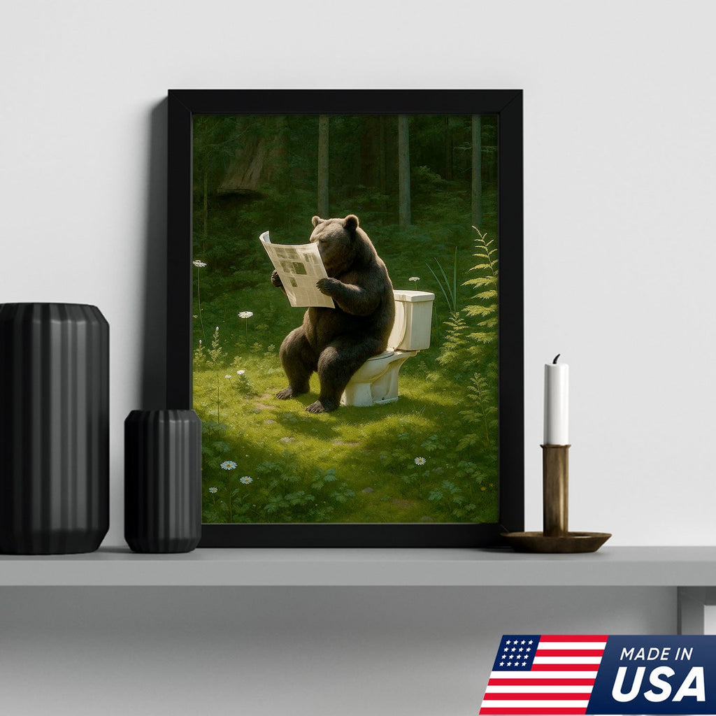 Bear on Toilet Reading Newspaper Canvas Wall Art, Funny Bathroom Decor for Cabin & Lodge