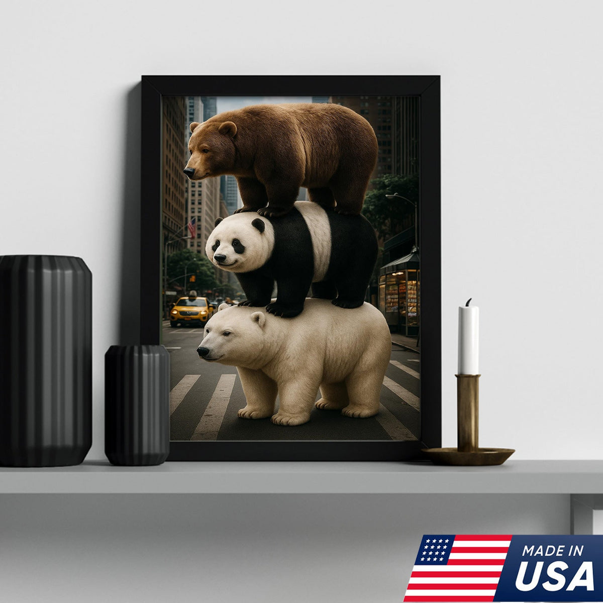 Bear Stack Canvas Wall Art, Cute Polar Panda Brown Bear in City Street Print