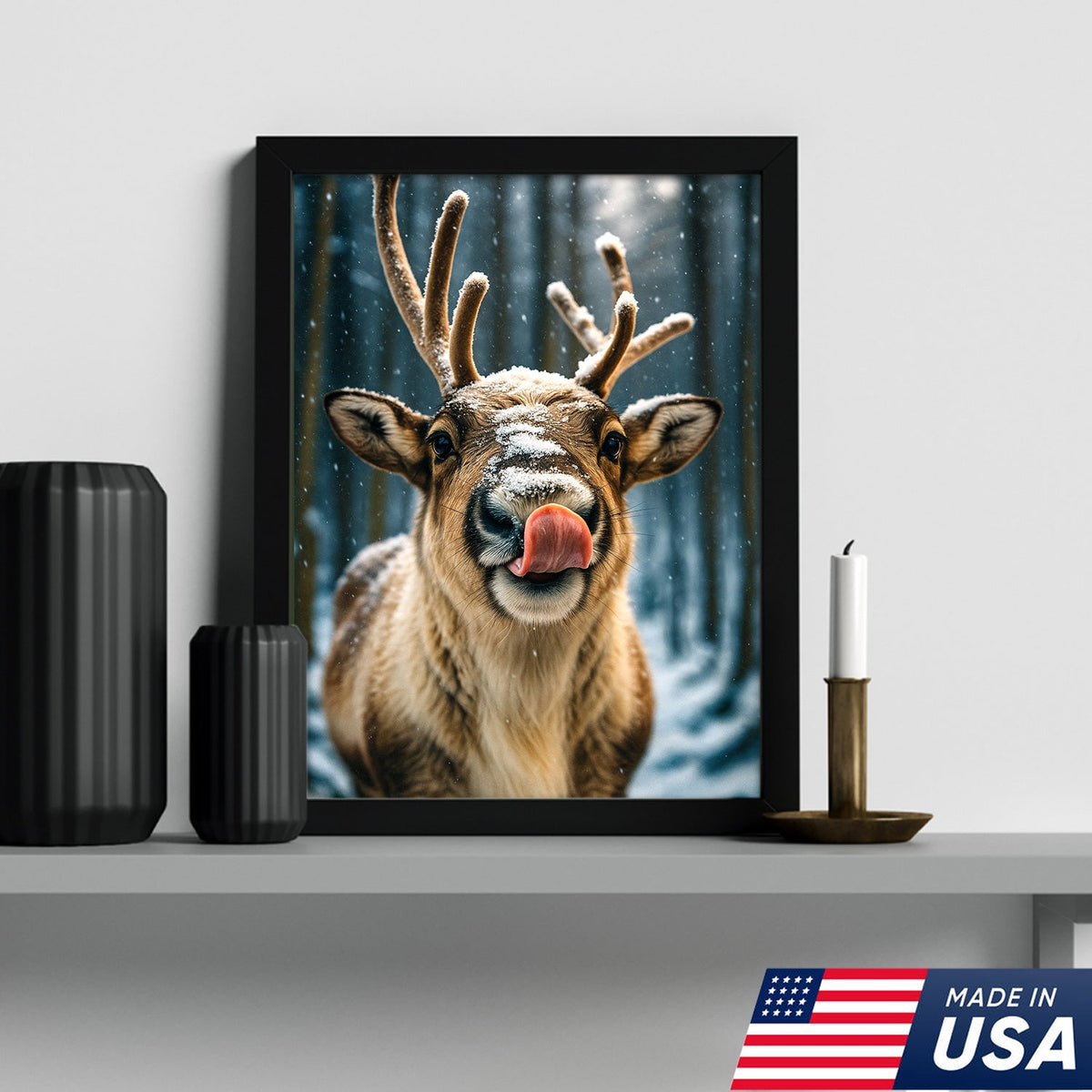 Winter Reindeer Portrait Canvas – Rustic Forest Wall Art for Cabin & Lodge Decor