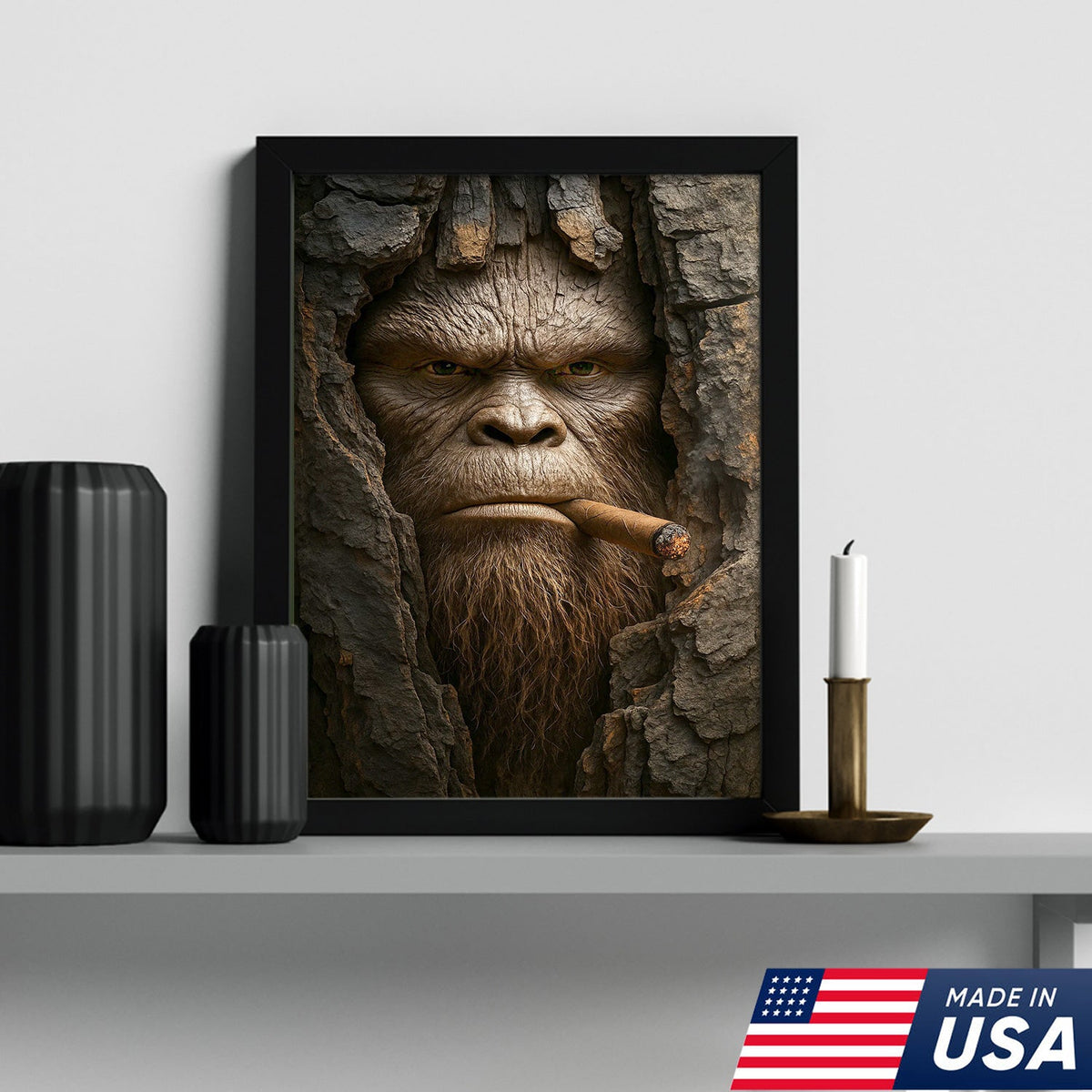 Bigfoot in the Woods Canvas Wall Art, Funny Sasquatch Portrait Artwork, Rustic Cabin Decor for Men