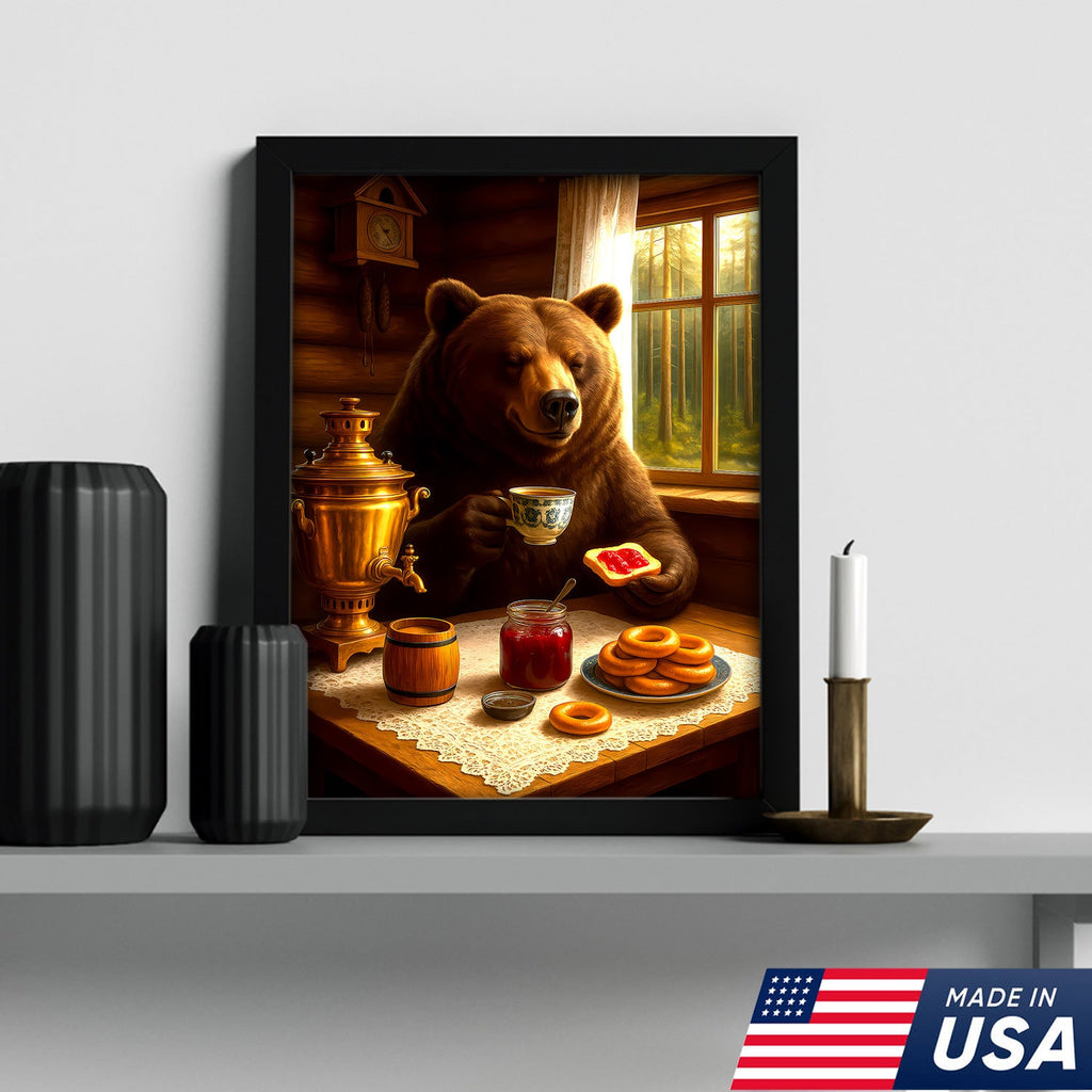 Relaxed Bear Having Tea Canvas Wall Art – Rustic Decor Funny Cozy Animal Canvas Art