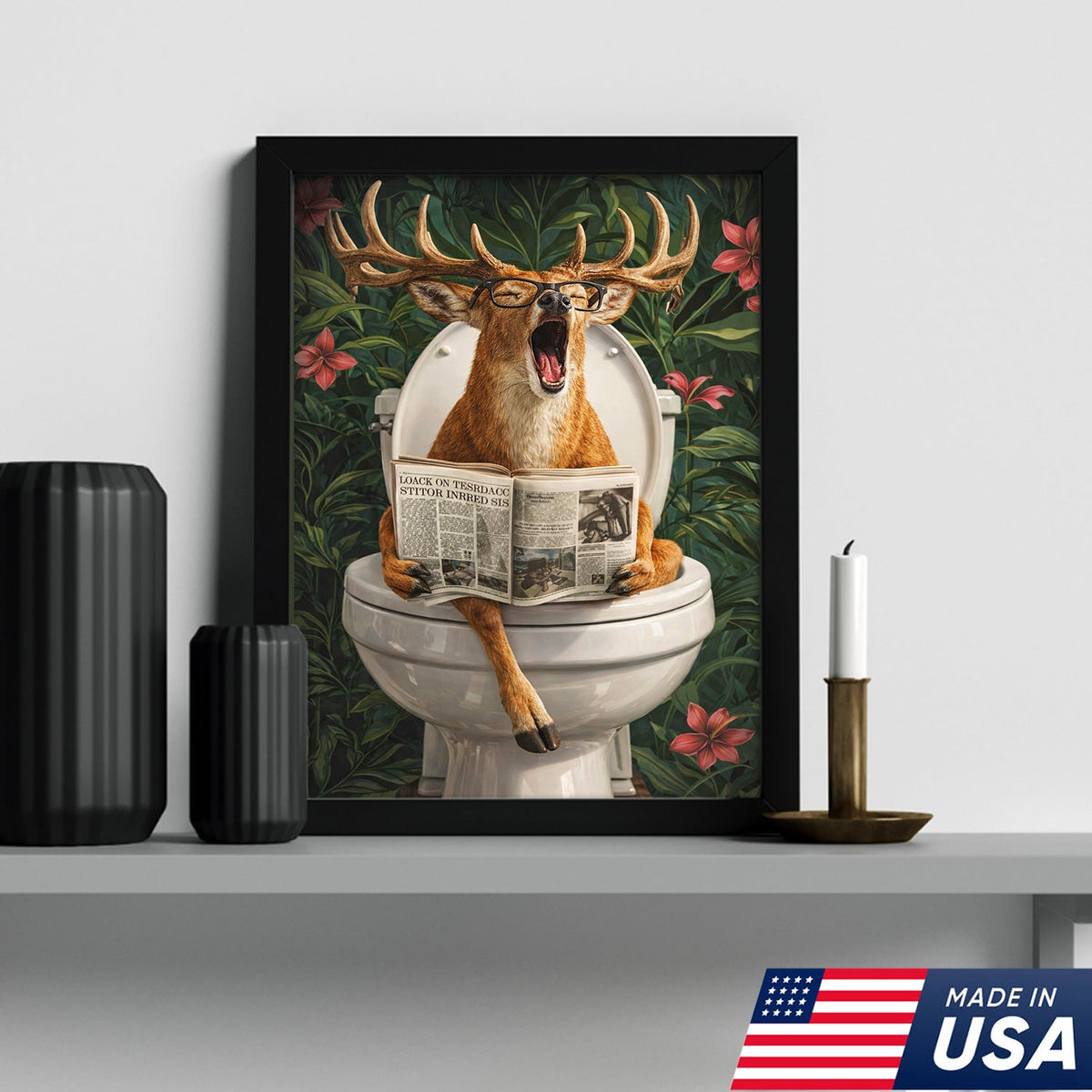 Funny Deer Toilet Canvas Wall Art – Humorous Animal Bathroom Decor with Newspaper