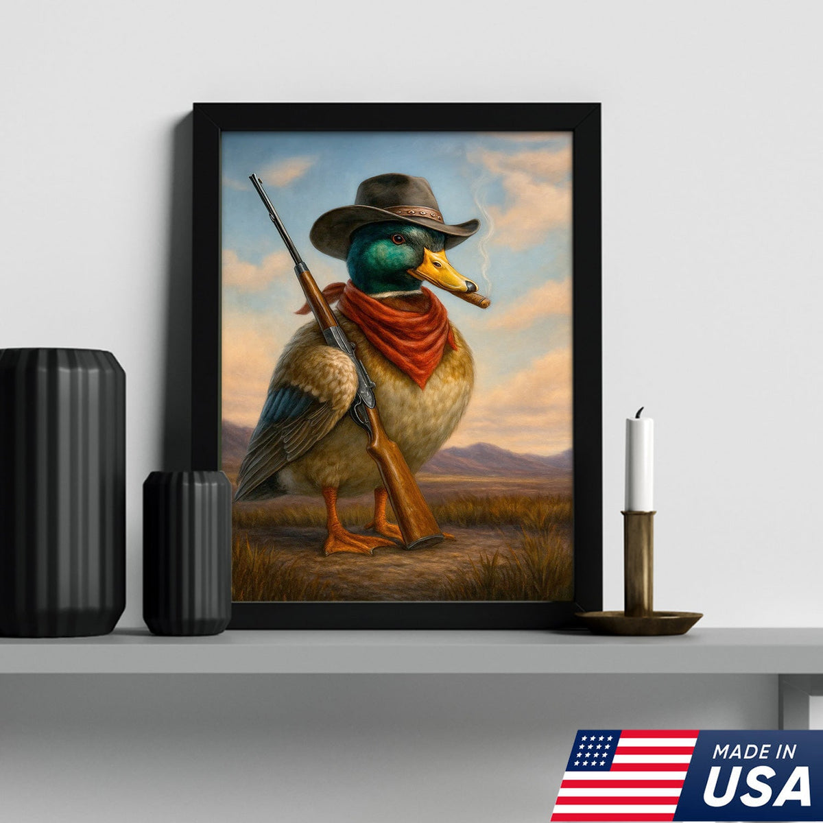 Cowboy Duck with Rifle Canvas Wall Art, Funny Western Hunter Decor for Lodge or Cabin