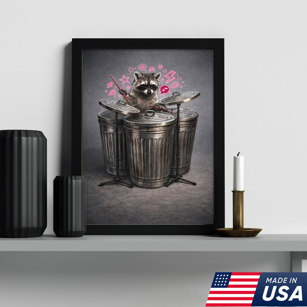 Funny Drummer Raccoon Wall Art Canvas Print, Music Lover Animal Illustration