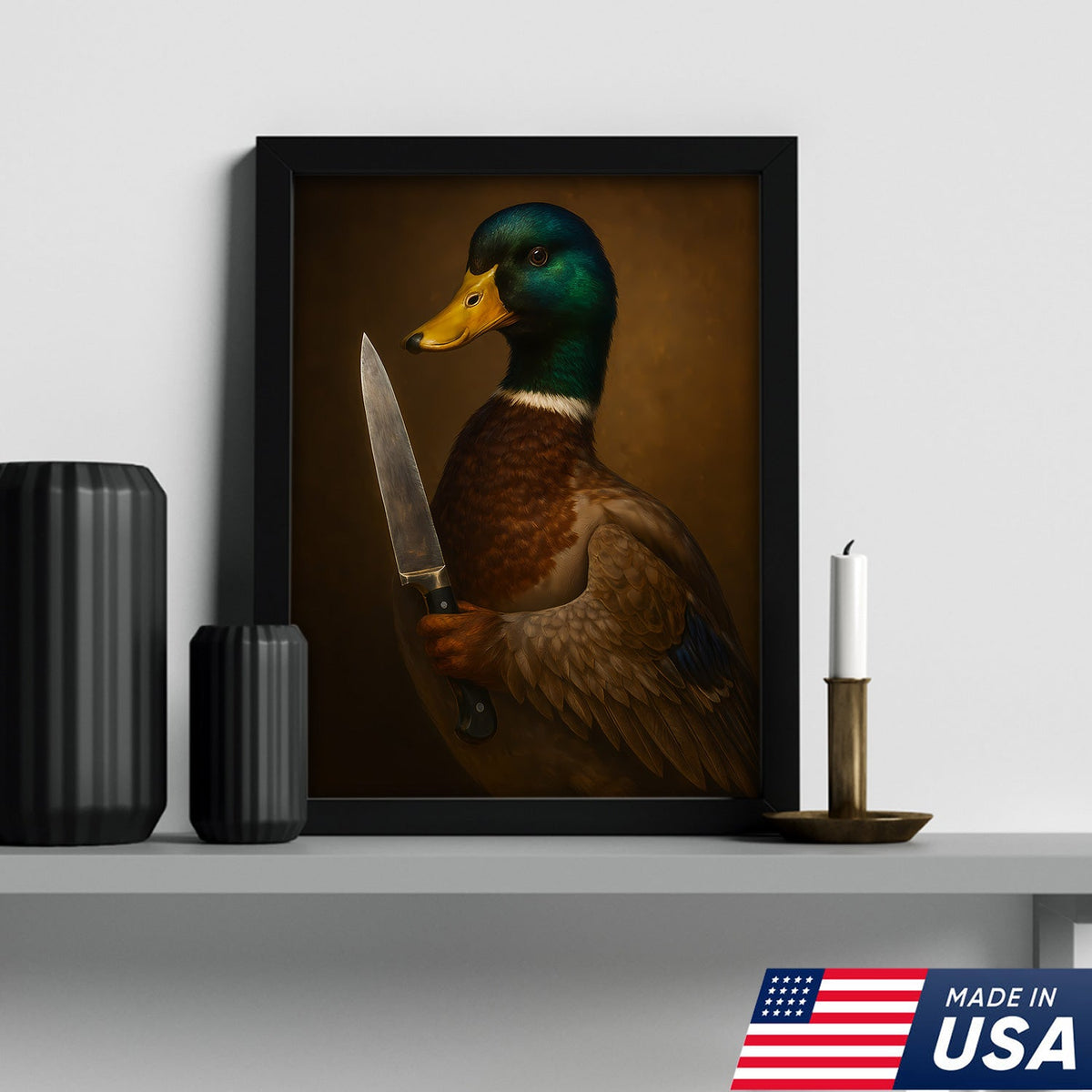 Funny Duck With Knife Wall Art – Mallard Portrait Painting, Dark Humor Animal Canvas