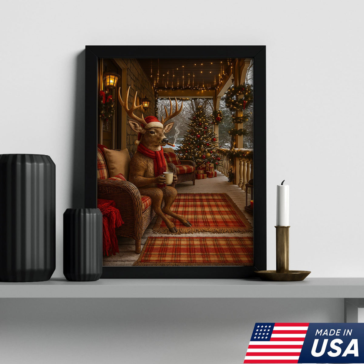 Christmas Deer Porch Canvas Wall Art, Cozy Cabin Reindeer With Scarf Holiday Print