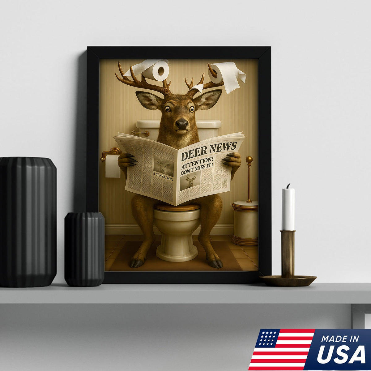 Funny Deer Bathroom Canvas – “Deer News” Toilet Wall Art for Hunters, Cabin, or Man Cave Decor
