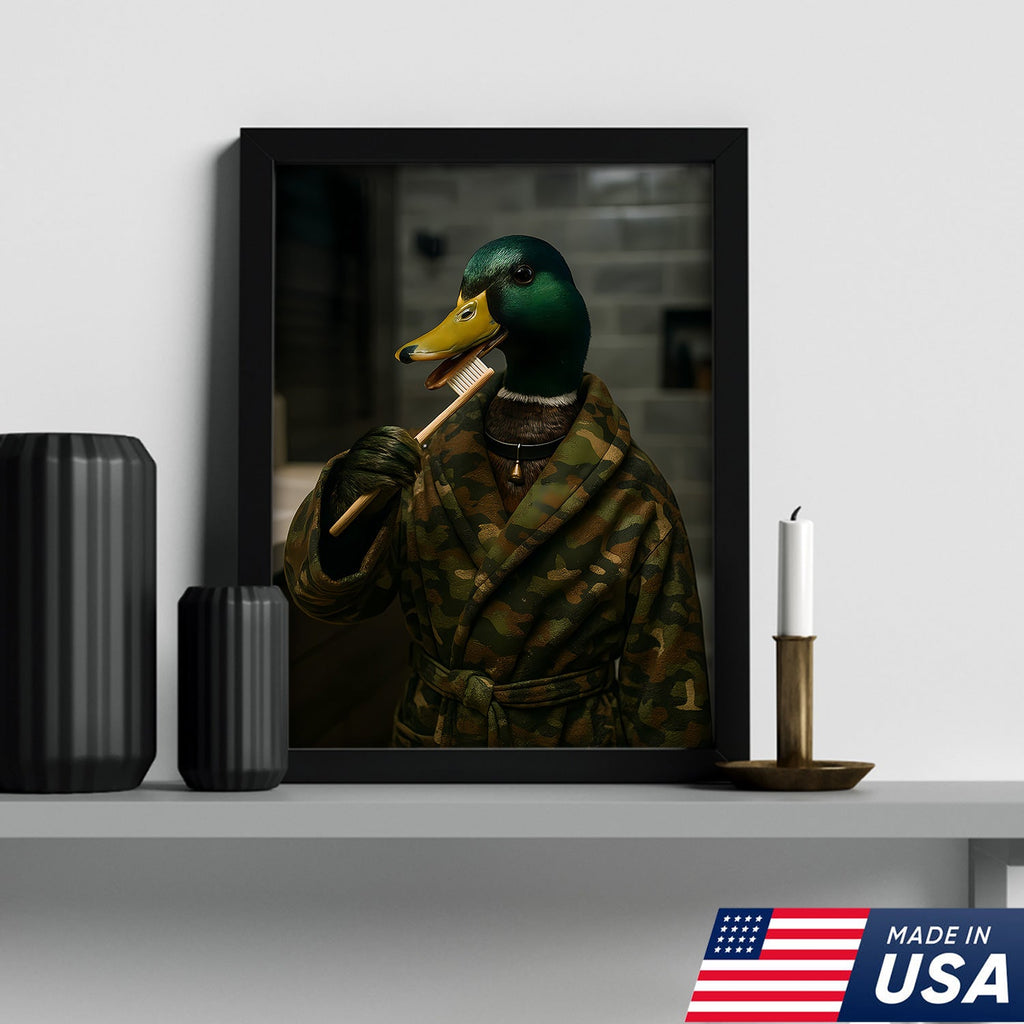 Funny Duck Brushing Teeth Canvas – Bathroom Wall Art for Men, Morning Routine Humor Decor