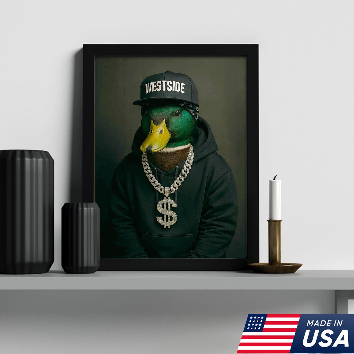 Gangster Duck Canvas Wall Art – Funny Animal Portrait, Hip Hop Duck Decor
