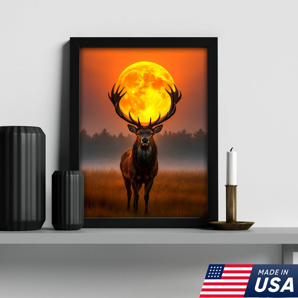 Majestic Elk Full Moon Canvas Wall Art – Hunting Cabin Decor Gift for Hunters