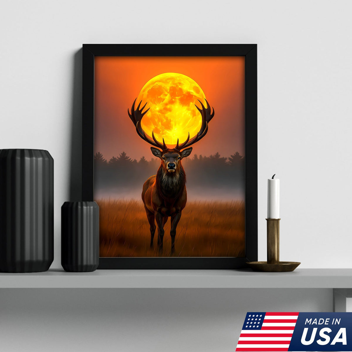 Majestic Elk Full Moon Canvas Wall Art – Hunting Cabin Decor Gift for Hunters
