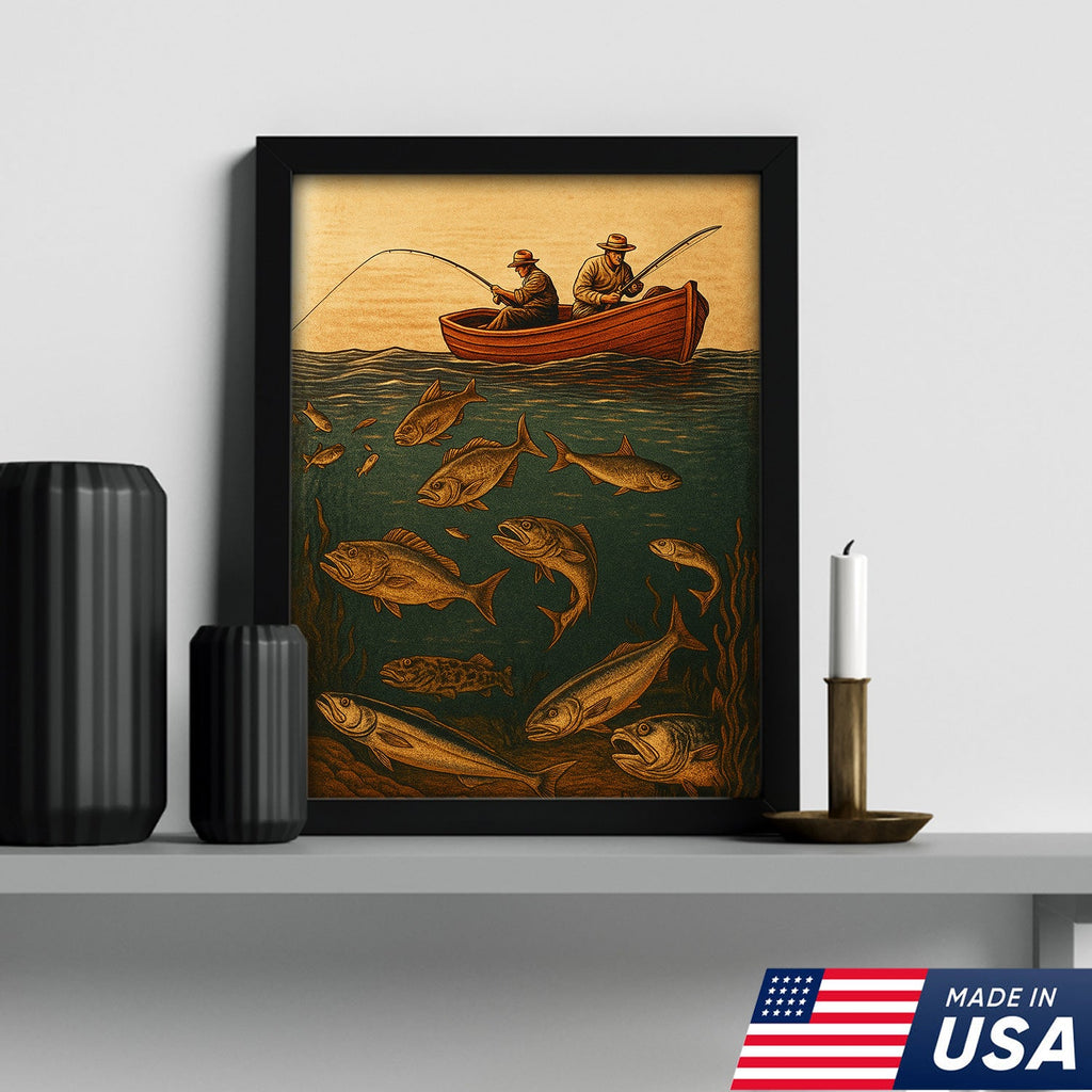 Vintage Fishermen Woodcut Wall Art – Retro Fishing Canvas Print
