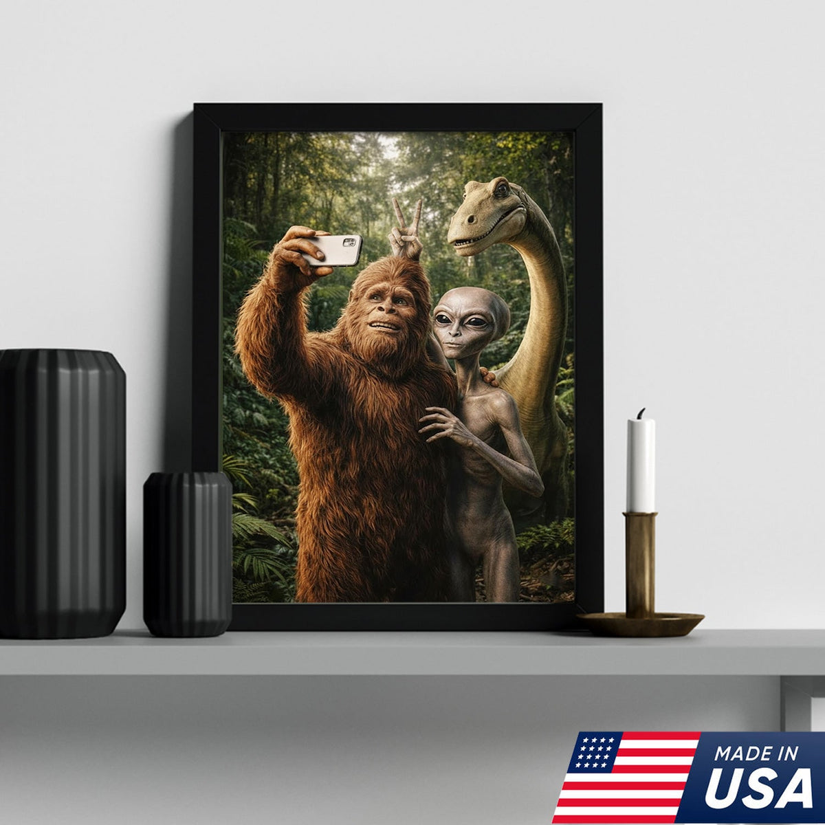 Funny Bigfoot Alien Dinosaur Selfie Canvas Wall Art, Whimsical Fantasy Creature Humor Print