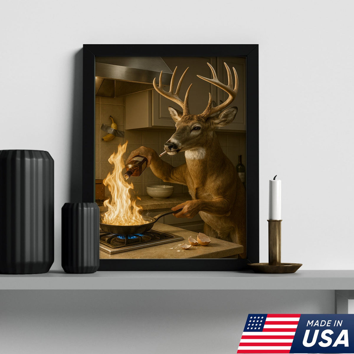 Funny Deer Cooking Canvas, Hilarious Buck Chef Wall Art, Rustic Humor Decor for Cabin