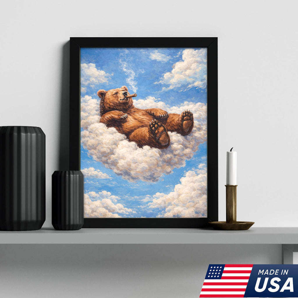Relaxed Bear on Cloud Canvas Wall Art, Whimsical Animal Fantasy Illustration