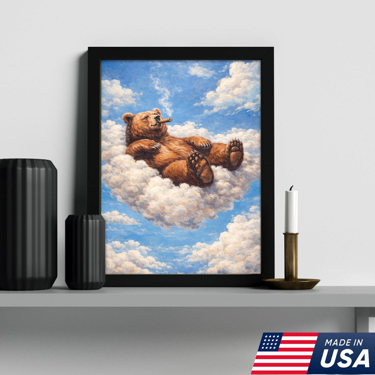 Relaxed Bear on Cloud Canvas Wall Art, Whimsical Animal Fantasy Illustration