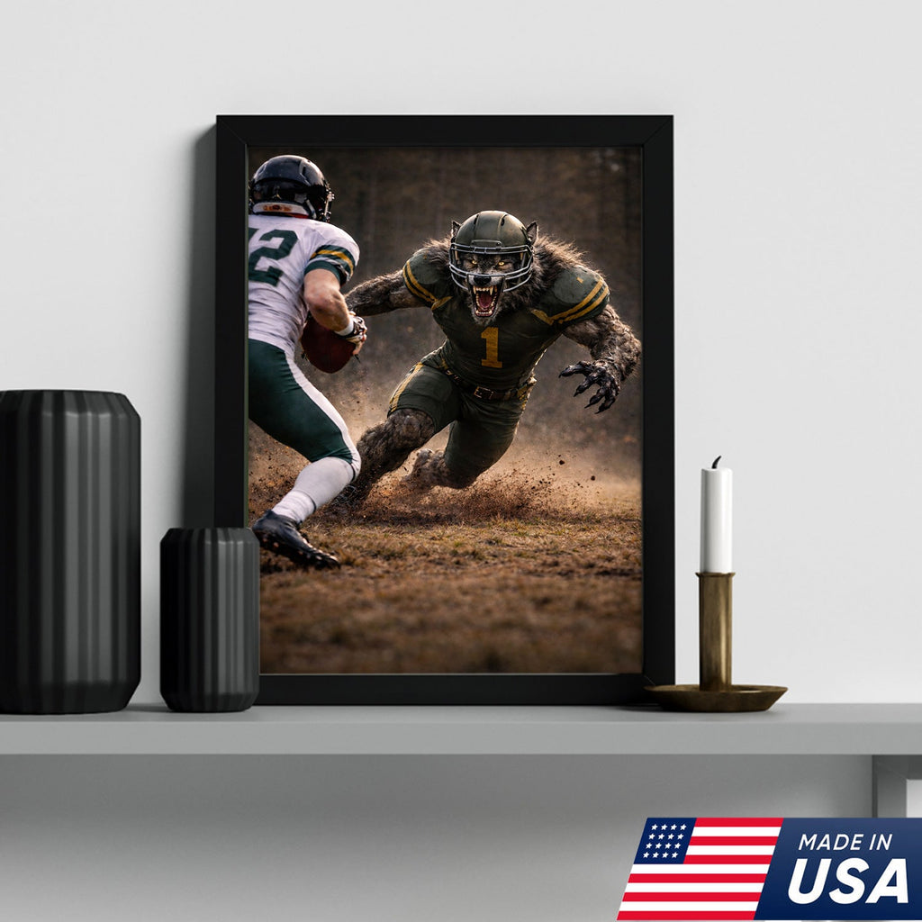 Fierce Wolf Football Canvas Wall Art – Intense Stadium Tackle Sports Print