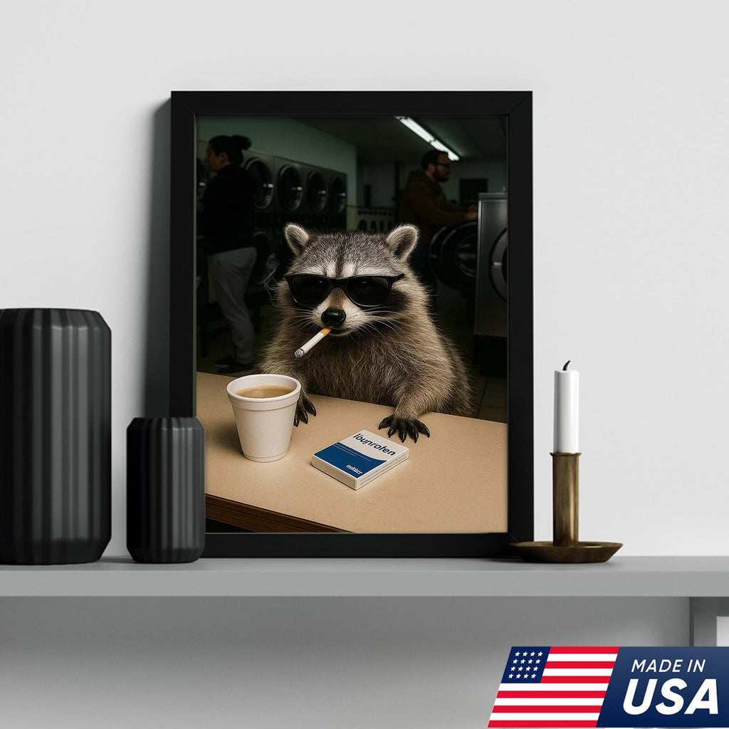 Cool Raccoon Laundromat Canvas Wall Art, Funny Coffee Drinking Raccoon Print