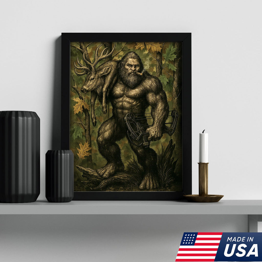 Bigfoot Hunter Canvas Wall Art, Mythical Sasquatch Bowhunting Deer Artwork