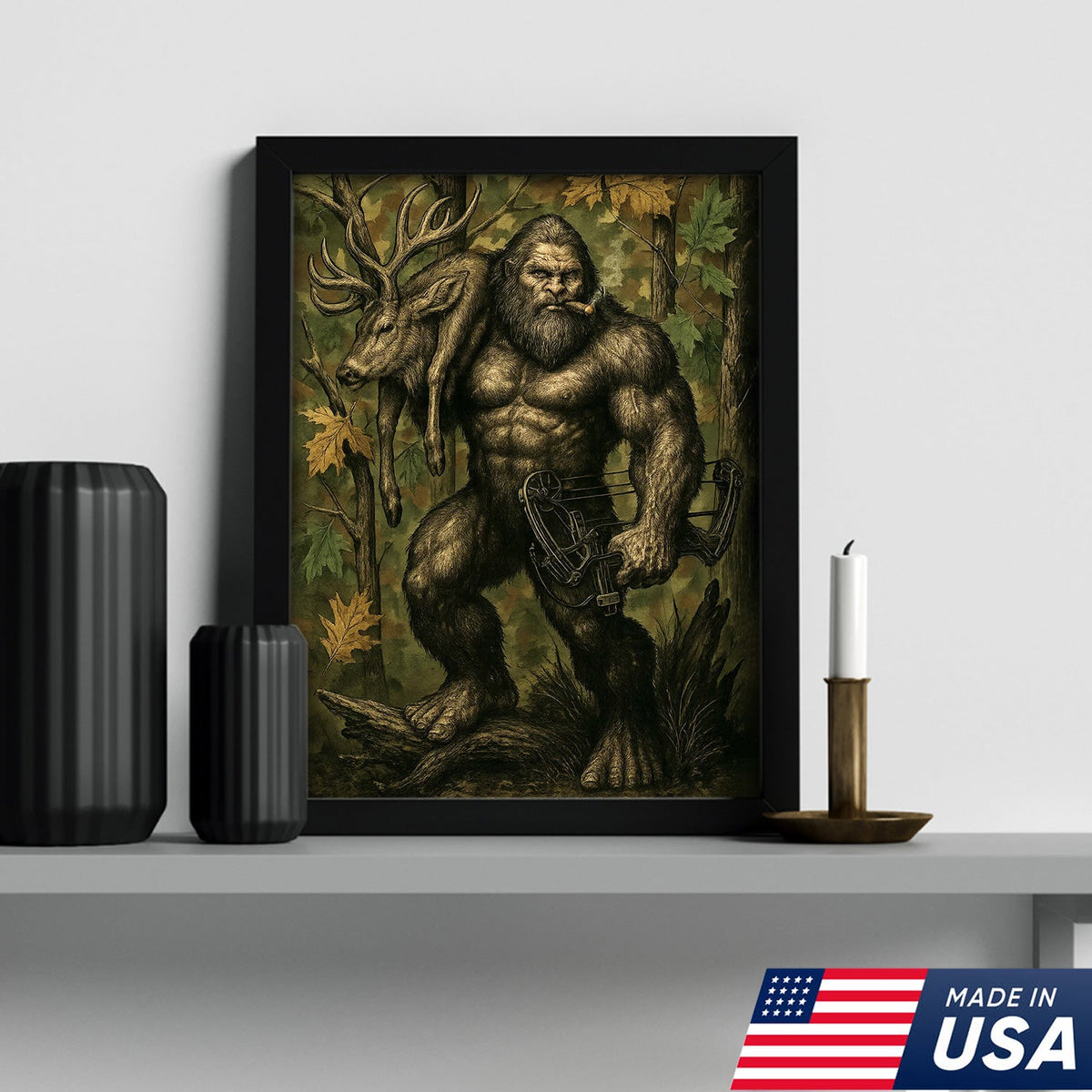 Bigfoot Hunter Canvas Wall Art, Mythical Sasquatch Bowhunting Deer Artwork