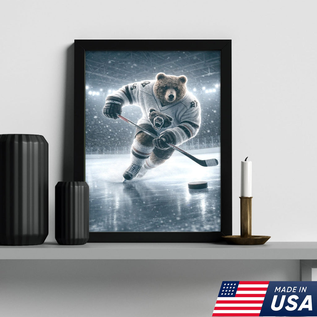 Epic Bear Ice Hockey Canvas Wall Art – Realistic Animal Athlete Print