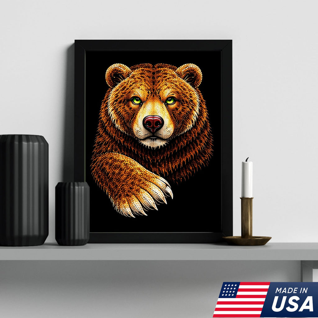 Golden Bear Portrait Canvas Wall Art – Majestic Wildlife Animal Print with Black Background