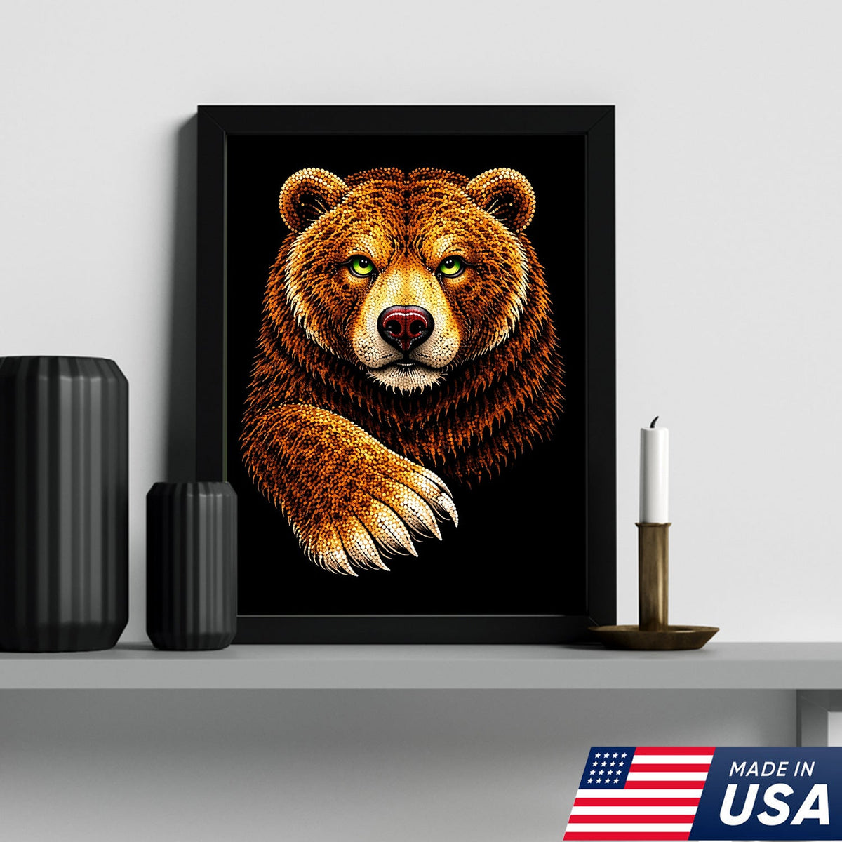 Golden Bear Portrait Canvas Wall Art – Majestic Wildlife Animal Print with Black Background