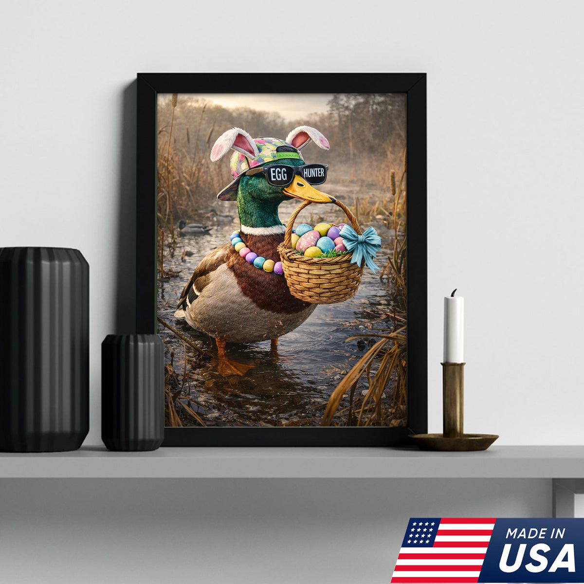 Funny Easter Duck Canvas Wall Art, Egg Hunter Mallard with Basket Portrait