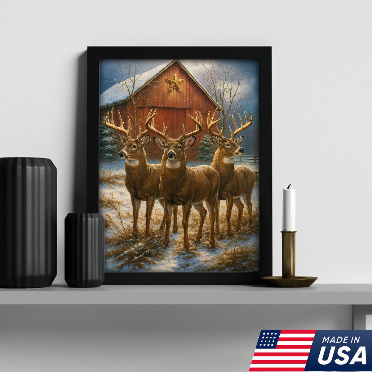 Deer Trio Winter Barn Canvas – Rustic Wildlife Wall Art Gift for Hunters, Nature & Christmas Lovers