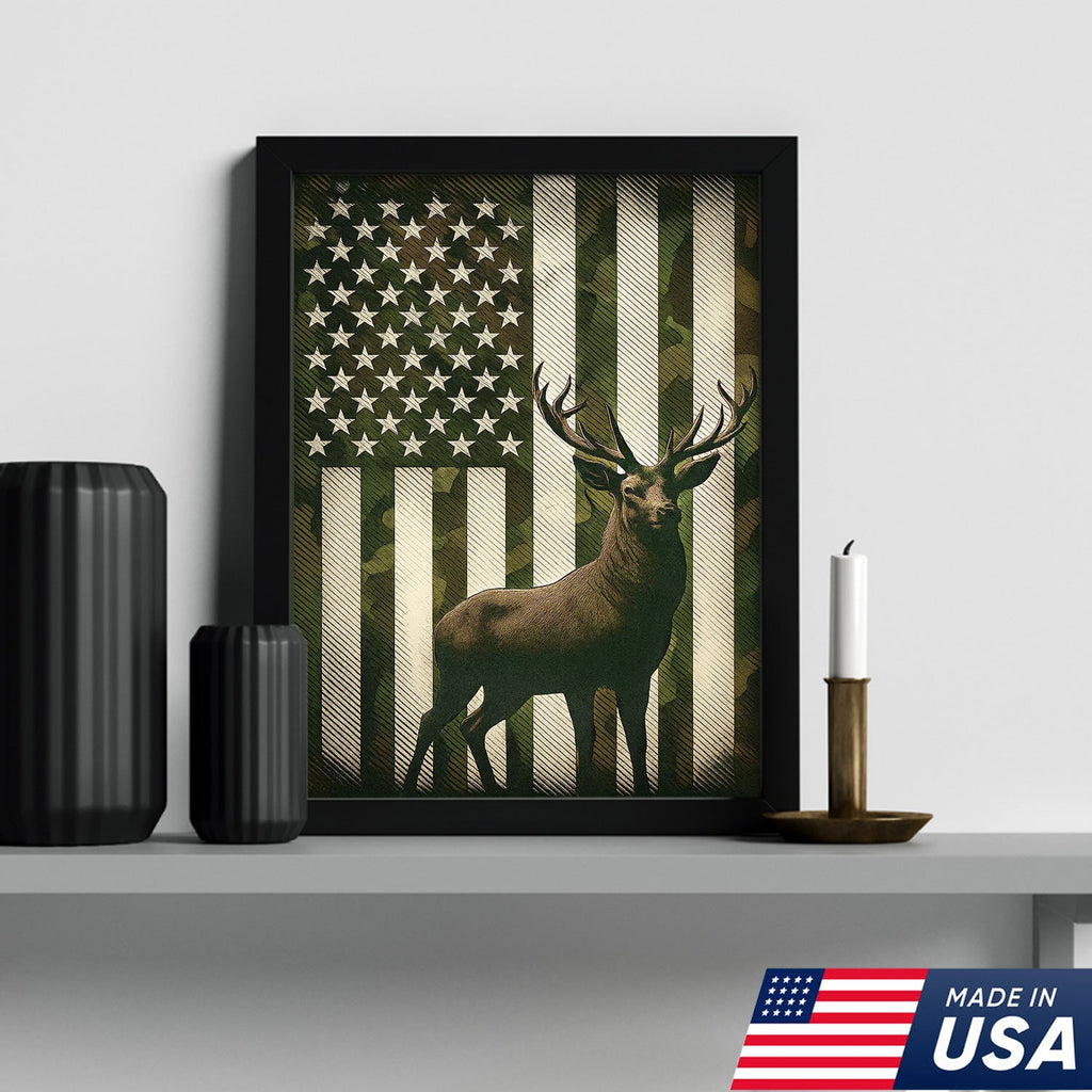 Patriotic Deer American Flag Canvas Wall Art, Camo USA Flag Buck Print
