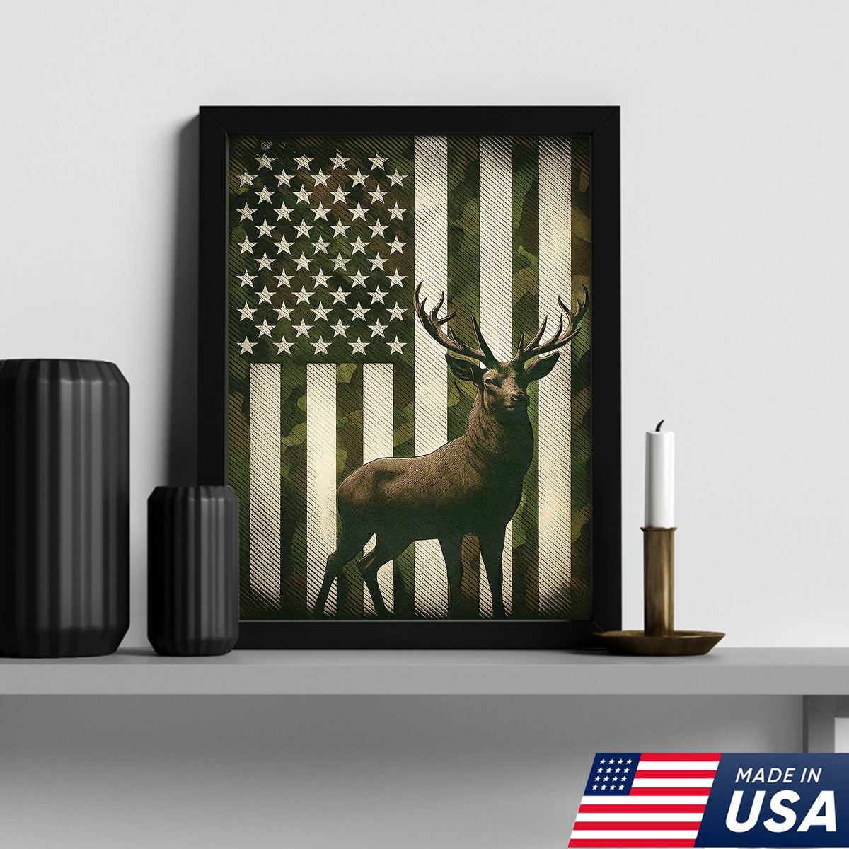 Patriotic Deer American Flag Canvas Wall Art, Camo USA Flag Buck Print