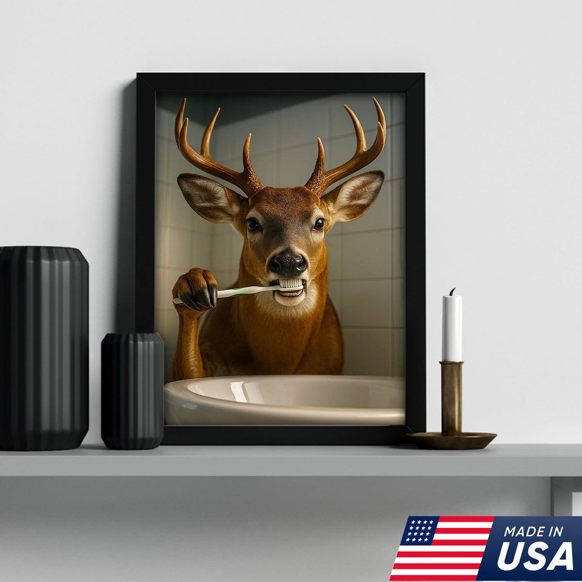 Deer Canvas Wall Art – Funny Buck Brushing Teeth Unique Bathroom Decor for Hunters