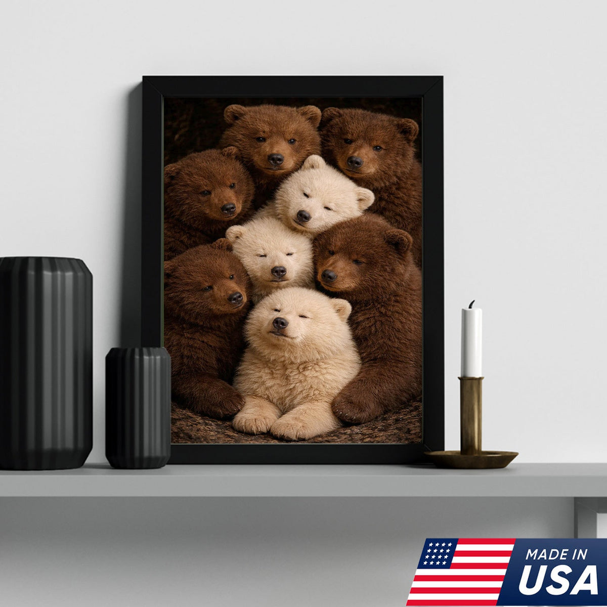 Cute Bear Cubs Canvas Wall Art, Brown and White Bear Family Portrait