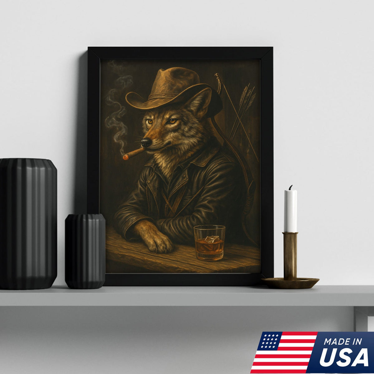 Coyote Cowboy Bar & Whiskey Canvas – Great Hunting Gift for Hunters & Rustic Western Decor