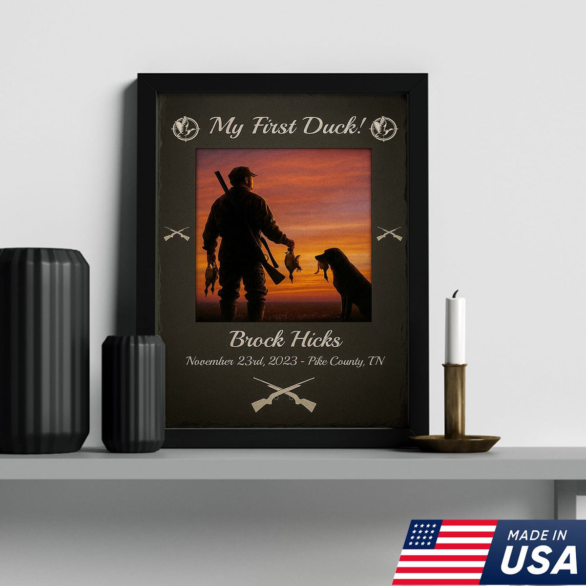 Custom My First Duck Wall Art Canvas, Personalized Duck Hunting Sunset with Dog