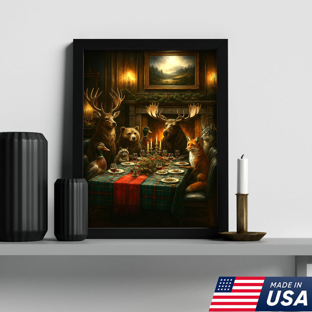 Rustic Wildlife Dinner Scene Wall Art Canvas – Forest Animal Gathering Decor