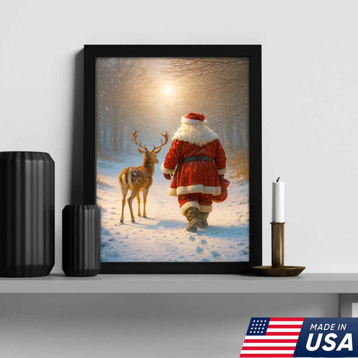 Santa and Deer Christmas Canvas Wall Art – Cozy Winter Forest Decor, Holiday Gifts for Home Lovers