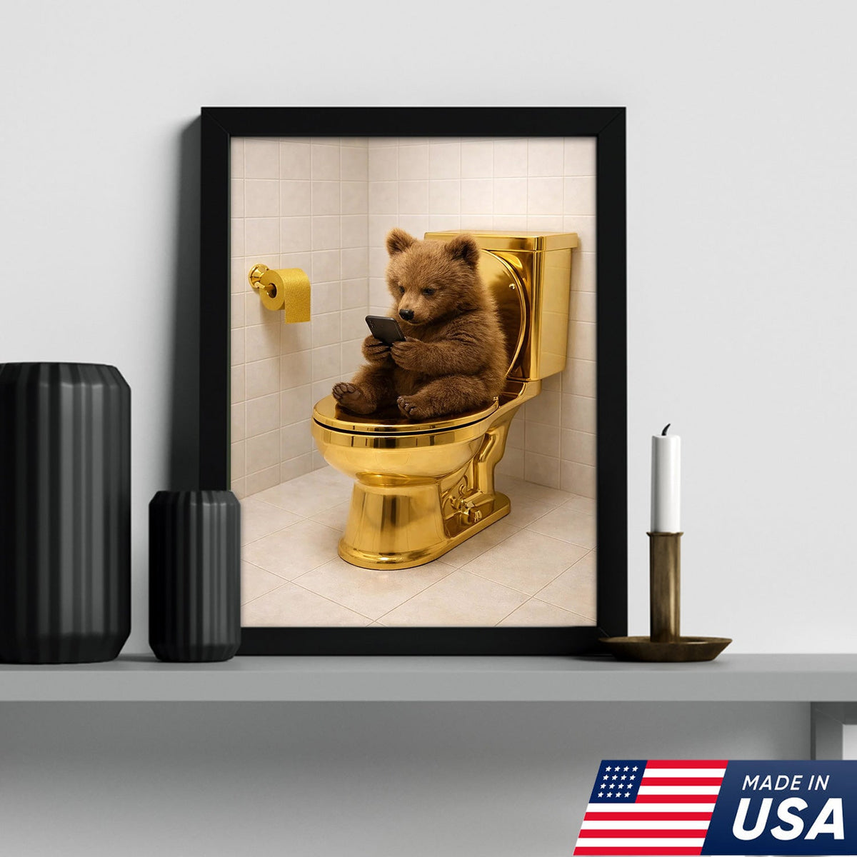 Funny Bear on Golden Toilet Canvas Wall Art, Cute Animal Bathroom Humor Illustration