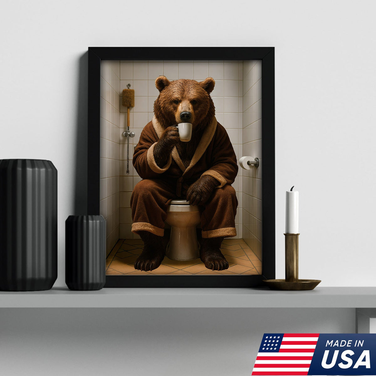 Hilarious Bear Toilet Canvas Wall Art – Morning Coffee, Quirky Bathroom Humor