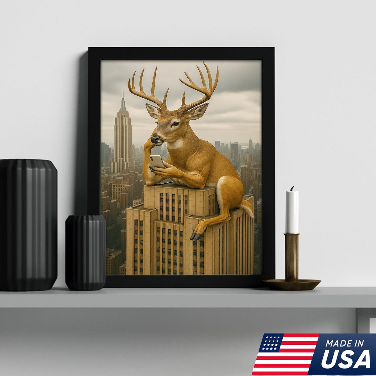 Funny Deer City Canvas Wall Art — Whitetail Buck on Skyscraper Using Phone, Surreal Urban Wildlife Artwork