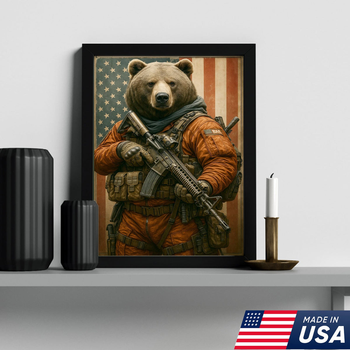Patriotic Bear Soldier Wall Art Canvas, Tactical Military Animal with American Flag