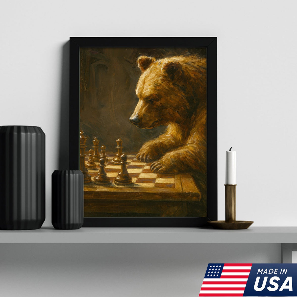 Rustic Bear Playing Chess Canvas Wall Art for Hunting Cabin or Lodge Decor, Wildlife Gift Idea
